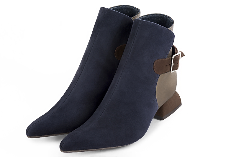 Women's navy blue, antique gold and dark brown elegant ankle boots, with buckles at the back. Tapered toe. Low flare heels - Front view